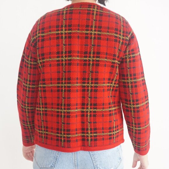 Vintage Classic Elements Red Black Tartan Button Up Cardigan Sweater PS - Picture 3 of 10